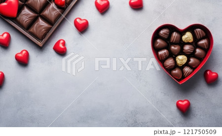 a heart shaped chocolate box with an assortment of chocolates decorated for Valentine's Day 121750509