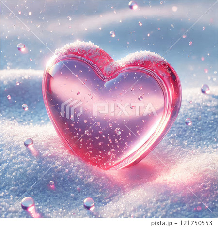 Pink crystal hearts on white snow. Valentine's Day greeting card 121750553