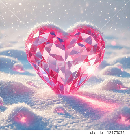 Pink crystal hearts on white snow. Valentine's Day greeting card 121750554