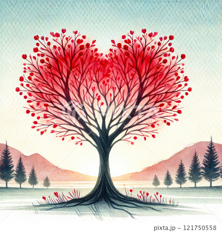 Illustration of a tree with a red crown in the shape of a heart. Valentine's Day greeting card 121750558