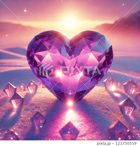 Pink crystal hearts on white snow in the rays of the setting sun. Valentine's Day greeting card Pink crystal hearts on white snow in the rays of the setting sun. Valentine's Day greeting card 121750559