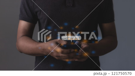 Young Man hand holding Smart Phone with five star to review and give 5 stars with very good Young Man hand holding Smart Phone with five star to review and give 5 stars with very good 121750570