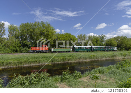 Narrow gauge railway from Balatonfenyves to Csisztafurdo near Balaton, Somogy region, Hungary 121750591