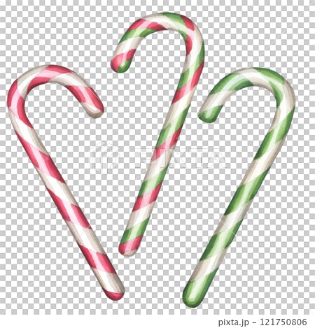 Candy cane set peppermint stick with red green stripes in a spiral pattern. Traditional treat for Christmas and New Year's Eve for kids. Hand drawn watercolor illustration isolated on white background Candy cane set peppermint stick with red green stripes in a spiral pattern. Traditional treat for Christmas and New Year's Eve for kids. Hand drawn watercolor illustration isolated on white background 121750806