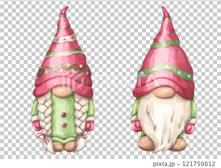 Cute Christmas gnome boy and girl with pigtailed, red hat and green dress, suit. A magical Scandinavian character for the New Year. Hand draw watercolor illustration isolated background Cute Christmas gnome boy and girl with pigtailed, red hat and green dress, suit. A magical Scandinavian character for the New Year. Hand draw watercolor illustration isolated background 121750812