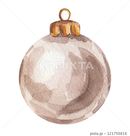 Silver beige glass ball Christmas tree toy. Bright crystal shiny New Year decorations. Hand drawn watercolor illustration isolated on white background. For postcard, advertising, design. Silver beige glass ball Christmas tree toy. Bright crystal shiny New Year decorations. Hand drawn watercolor illustration isolated on white background. For postcard, advertising, design. 121750818