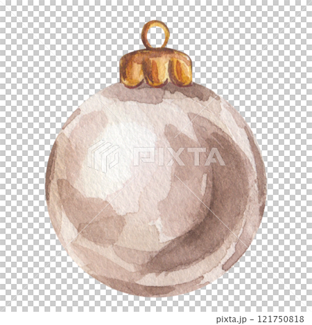 Silver beige glass ball Christmas tree toy. Bright crystal shiny New Year decorations. Hand drawn watercolor illustration isolated on white background. For postcard, advertising, design. Silver beige glass ball Christmas tree toy. Bright crystal shiny New Year decorations. Hand drawn watercolor illustration isolated on white background. For postcard, advertising, design. 121750818