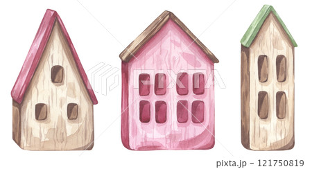 Toy wooden little house set. Banner cottage with red green sloping roof for gnome or elf. Decor for Christmas, new year. Hand drawn watercolor illustration isolated on white background Toy wooden little house set. Banner cottage with red green sloping roof for gnome or elf. Decor for Christmas, new year. Hand drawn watercolor illustration isolated on white background 121750819