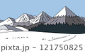 Flat graphic vector sketch of abstract snowy mountain landscape with snowbound foothills and triangular snowcapped mount peaks on blue sky background. Simple hand drawn concept of winter scenery. 121750825