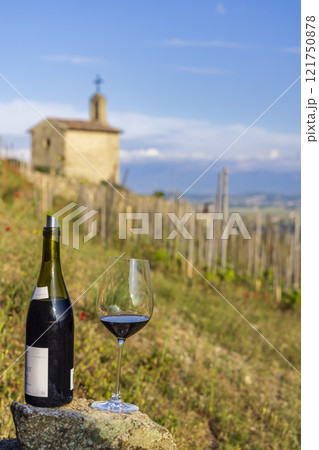 Grand cru vineyard and Chapel of Saint Christopher, Tain l'Hermitage, Rhone-Alpes, France Grand cru vineyard and Chapel of Saint Christopher, Tain l'Hermitage, Rhone-Alpes, France 121750878