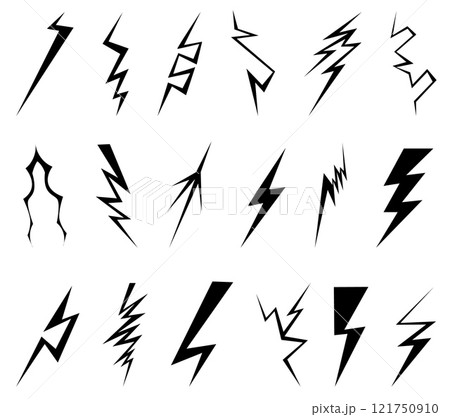 Black lightning bolt icons. Simple thunderbolt symbols. Electric strikes. Different zigzag shapes. Various designs flashes. Thunderstorm sky blasts. Silhouette power signs vector set Black lightning bolt icons. Simple thunderbolt symbols. Electric strikes. Different zigzag shapes. Various designs flashes. Thunderstorm sky blasts. Silhouette power signs vector set 121750910