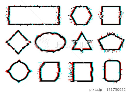 Glitch effect frames. Different shapes distorted borders. Trendy visual noises. Modern abstract forms. Geometric forms. Cyber dynamic distortion. Graphic design elements vector set Glitch effect frames. Different shapes distorted borders. Trendy visual noises. Modern abstract forms. Geometric forms. Cyber dynamic distortion. Graphic design elements vector set 121750922