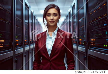 Woman in a business suit against a backdrop of servers in a data center. 121751211