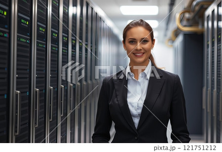 Woman in a business suit against a backdrop of servers in a data center. 121751212