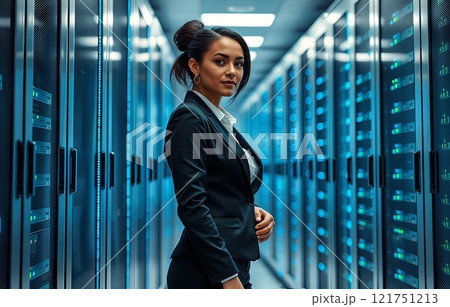 Woman in a business suit against a backdrop of servers in a data center. 121751213