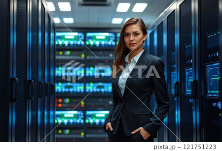 Woman in a business suit against a backdrop of servers in a data center. 121751223