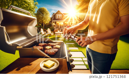 Essence of summer with a well-lit barbecue scene. A person in a light yellow shirt seasons steaks on a modern grill, surrounded by a lush garden under the bright afternoon sun. 121751368