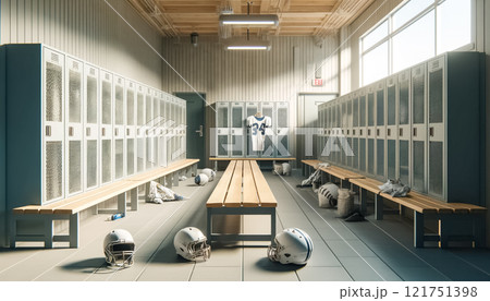 Bright and simple gym locker room for kids' American football team after a game, viewed from a distinct perspective. Light-colored metal lockers, wooden benches, light tile flooring, and neutral-toned Bright and simple gym locker room for kids' American football team after a game, viewed from a distinct perspective. Light-colored metal lockers, wooden benches, light tile flooring, and neutral-toned 121751398