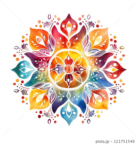 Watercolor painting depicting a colorful rangoli design for diwali celebration 121751549
