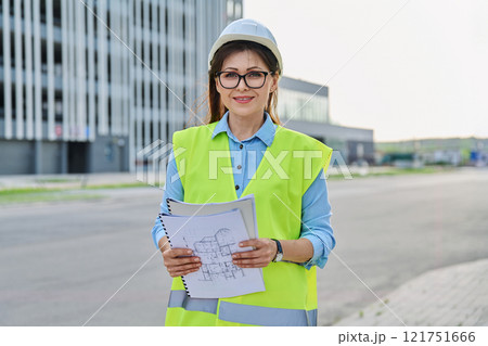 Industrial worker female builder with working documents looking at camera, outdoor construction Industrial worker female builder with working documents looking at camera, outdoor construction 121751666
