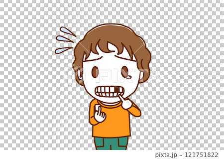 (Front view of upper body) A Caucasian boy in tears and in a panic after his front tooth breaks (Front view of upper body) A Caucasian boy in tears and in a panic after his front tooth breaks 121751822