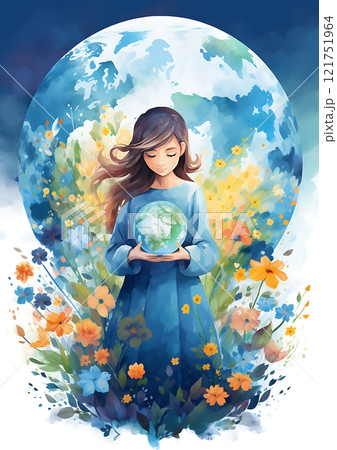 Young woman holding earth globe promoting environmental conservation 121751964