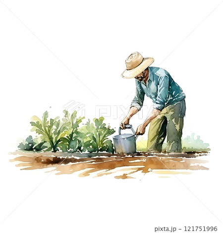 Farmer watering crops in field celebrating world water day 121751996