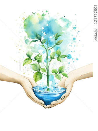 Hands holding growing plant in water for environment conservation 121752002