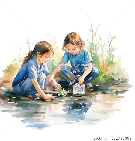 Children protecting nature by planting seedlings in river on water day 121752005