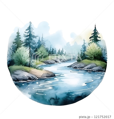 Meandering river flowing through green landscape, watercolor painting of nature 121752017