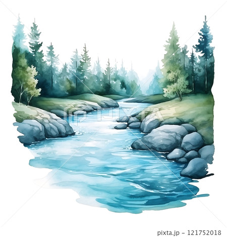 Meandering river flowing through green landscape, watercolor painting of nature 121752018