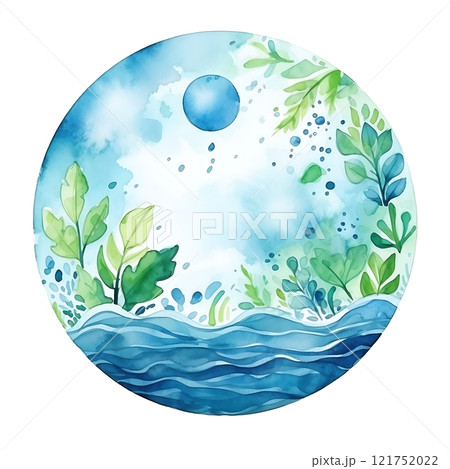 Watercolor painting celebrating world water day with lush green plants and blue water waves 121752022