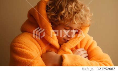 Young man wearing orange soft fleece feels cozy at home Young man wearing orange soft fleece feels cozy at home 121752067