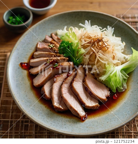 Slices of glazed pork with salad on a ceramic plate.  121752234
