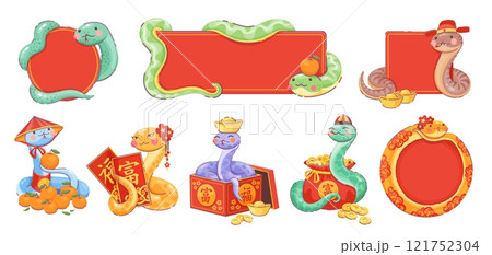 Chinese lunar new year snakes with holiday banners and decorations celebrating Cny 2025, surrounded by red and gold frames, mandarin fruits, gold coins, and traditional symbols of prosperity and luck 121752304