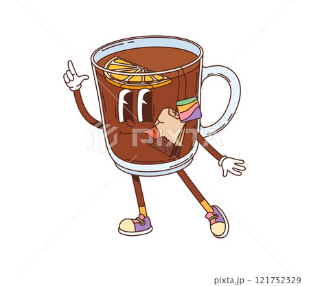 Cartoon groovy black tea glass cup character. Hot herbal drink glass mug groovy vector personage. Breakfast tea cup with lemon cheerful character or cartoon mascot showing tongue and pointing finger Cartoon groovy black tea glass cup character. Hot herbal drink glass mug groovy vector personage. Breakfast tea cup with lemon cheerful character or cartoon mascot showing tongue and pointing finger 121752329