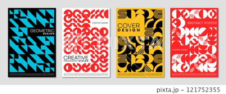 Abstract modern geometric posters set with pattern of mosaic shapes, vector templates. Modern trendy posters with retro pattern backgrounds of simple colors and abstract geometric elements for covers 121752355