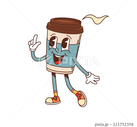 Cartoon groovy fast food coffee cup character. Street cafe hot coffee disposable cup with lid happy character. Takeout latte, cappuccino or espresso beverage groovy isolated vector cute personage 121752356