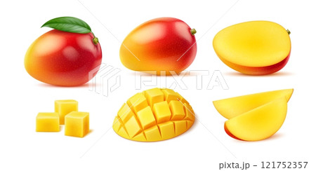 Realistic ripe raw mango fruit whole and cut in pieces or cubes, vector objects. 3D or realistic mango whole or cut in half and lumps for juice flavor, jam or marmalade and sweet dessert food package 121752357