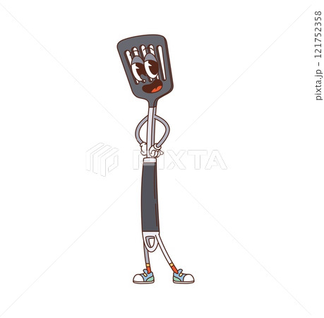 Retro groovy kitchenware and utensil spatula character. Household equipment cheerful 60s 70s groovy vector personage, cooking crockery funny mascot or kitchen metal spatula cute groovy character 121752358