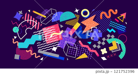 Abstract geometric memphis banner with modern graphic pattern. Vector circle, square and triangle geometric shapes with color line, dot and checkered pattern, crosses, waves and zigzag memphis banner 121752396
