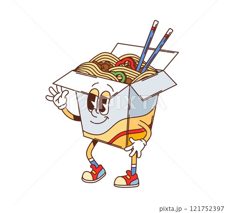 Cartoon groovy fast food Wok noodles character. Asian cuisine fast food cafe meal happy personage, Wok takeaway menu noodles or soup box with chopsticks retro groovy isolated vector character Cartoon groovy fast food Wok noodles character. Asian cuisine fast food cafe meal happy personage, Wok takeaway menu noodles or soup box with chopsticks retro groovy isolated vector character 121752397