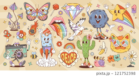 70s 80s retro cartoon groovy characters and hippie symbols. Vector funny flower, butterfly, rainbow and butterfly, star and cat in sunglasses personages. Psychedelic peace symbol, daisy and puzzle 121752398