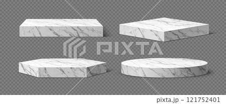3d marble podium stages, product display platforms, pedestals or stands. Vector realistic gray marble podium mockups with square, circle and hexagon geometric shape bases at transparent background 121752401