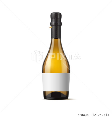 Realistic champagne alcohol glass bottle featuring blank label for branding presentations, marketing campaigns and product showcase. Isolated 3d vector flask mockup highlighting luxury and celebration Realistic champagne alcohol glass bottle featuring blank label for branding presentations, marketing campaigns and product showcase. Isolated 3d vector flask mockup highlighting luxury and celebration 121752413