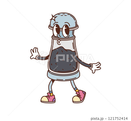 Retro groovy pepper shaker character of kitchenware utensil, cartoon vector. Groovy pepper shaker bottle with funny face and happy smile or freaky wow whistle for kitchen or cooking utensil character 121752414