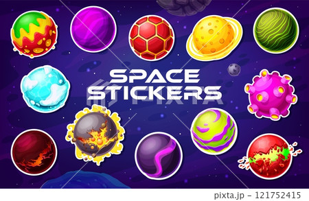 Fantasy alien space planets stickers pack. Fantastic galaxy worlds stickers. Science fiction colorful green, purple and red space alien planets with lava, craters, clouds and ice isolated vector icons 121752415