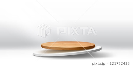 Wooden and white round podium stage or showcase for product display, vector pedestal. Realistic wooden podium stage and white round platform levitating in air for showroom display and showcase mock up Wooden and white round podium stage or showcase for product display, vector pedestal. Realistic wooden podium stage and white round platform levitating in air for showroom display and showcase mock up 121752433