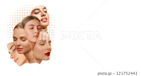 Collage. Women with closed eyes, wearing bright makeup in yellow, pink, and red tones, symbolizing diversity and natural beauty against white background. Collage. Women with closed eyes, wearing bright makeup in yellow, pink, and red tones, symbolizing diversity and natural beauty against white background. 121752441
