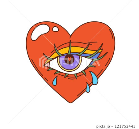 Retro hippie heart with eye groovy symbol. Romantic love cartoon isolated vector icon. Heart with woman crying with tears eye groovy symbol. Saint Valentine day romance vintage icon 121752443